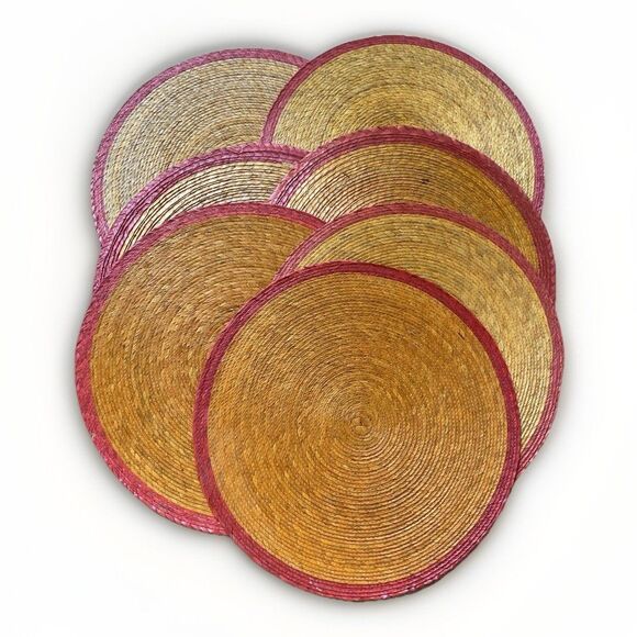 Woven Jute Sisal Raffia 16” Natural Red Trim VTG Boho Cottage Placemats Set (8) - Picture 1 of 6